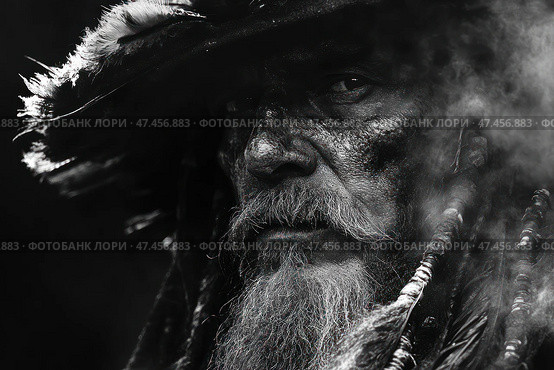 Expressive black and white portrait of an elderly man in an ethnic or shamanic image. His face is covered with textured paint or dirt, his beard is thick and gray, and his hair is decorated with braided elements, beads and feathers. The feathered headdress enhances the mystical and ritualistic mood. The man's gaze is penetrating, serious, as if carrying ancient wisdom. The composition and lighting create the effect of fog or smoke, enhancing the feeling of mystery and antiquity. Overall, the image resembles the archetype of a shaman, warrior or old chieftain. Стоковое AI-изображение, AI-художник Анна Кривицкая / Фотобанк Лори
