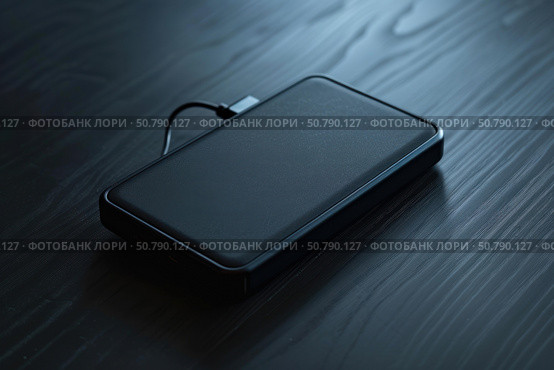 External hard drive charging on dark wooden table. Стоковое AI-изображение, AI-художник Иван Рябоконь / Фотобанк Лори
