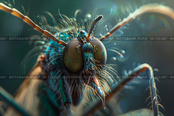 Extreme close up of a staring fly covered in dew. Стоковое AI-изображение, AI-художник Иван Рябоконь / Фотобанк Лори