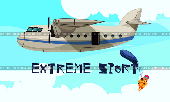 Extreme skydiving sport jump from airplane flat advertising poster with departing plane free fall stage vector illustration. Стоковая иллюстрация, агентство Ingram Publishing / Фотобанк Лори