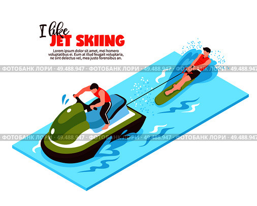 Extreme sport isometric design concept with towing boat and sportsman engaged in water skiing vector illustration. Стоковая иллюстрация, агентство Ingram Publishing / Фотобанк Лори