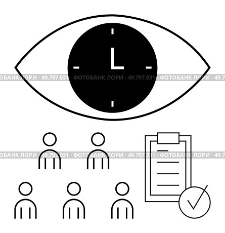 Eye featuring a clock group of people icons, checklist with checkmark. Ideal for themes thumbs up time management, productivity, organization, planning, teamwork, efficiency, and deadlines. Line. Time Management and Productivity Visual Representation with People, Clock, and Checklist. Стоковая иллюстрация, агентство Ingram Publishing / Фотобанк Лори