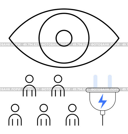 Eye group of people, and electric plug with lightning bolt. Ideal for concepts of surveillance, observation, community, teamwork, connectivity, energy, and power. Line metaphor. Eye, Group of People, and Electric Plug Icons Representing Vision, Community, and Energy Concepts. Стоковая иллюстрация, агентство Ingram Publishing / Фотобанк Лори