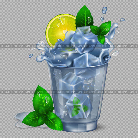 Faceted glass of mojito with lot of ice, fresh lime and green spearmint isolated vector illustration on transparent background.. Faceted Glass of Mojito with Ice Illustration. Стоковая иллюстрация, агентство Ingram Publishing / Фотобанк Лори