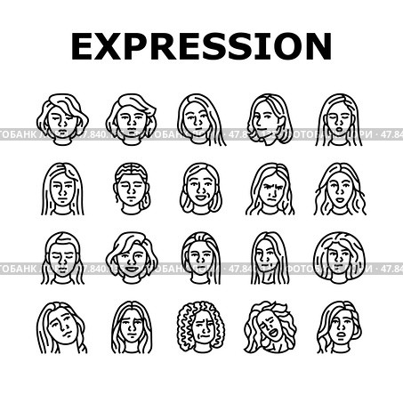 facial expression female smile icons set vector. Стоковая иллюстрация, иллюстратор Vectorwin / Фотобанк Лори