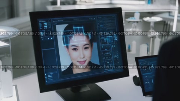 Facial recognition software analyzing woman face on computer in laboratory. Стоковое видео, видеограф Данил Руденко / Фотобанк Лори