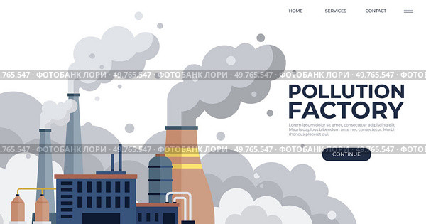 Factories vector illustration. Air pollution, haunting melody progress, reverberates through atmosphere like spectral choir Pollution, disruptor in environmental story, challenges resilience. Factories. Industrialized zones weave narrative, story told by rhythmic hum machinery and production. Стоковая иллюстрация, агентство Ingram Publishing / Фотобанк Лори