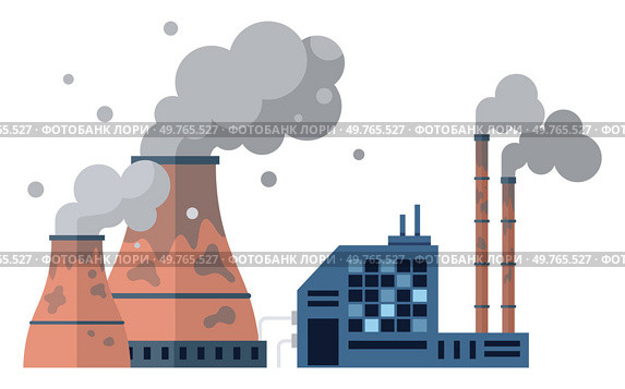 Factories vector illustration. Factory buildings, sentinels progress, stand tall against backdrop industrial landscape Air pollution, haunting melody progress, reverberates through atmosphere. Factories. Pollution, antagonist in environmental saga, challenges resilience ecosystems. Стоковая иллюстрация, агентство Ingram Publishing / Фотобанк Лори
