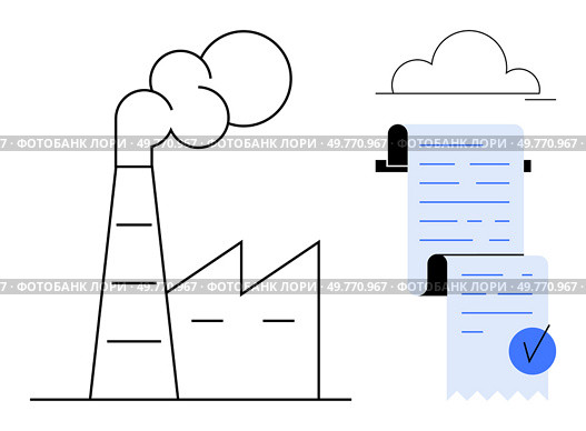 Factory with smokestack and documents connected by cloud. Ideal for industry, environment, data, business, compliance. Simple line-art style. Industrial Factory Icon and Document Visualization, Representing Data and Environmental Concerns. Стоковая иллюстрация, агентство Ingram Publishing / Фотобанк Лори