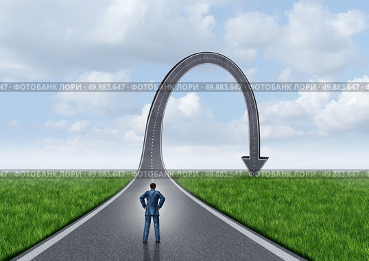 Failure concept and stress symbol as a business metaphor for failed journey and strategy as a businessman standing in front of an arrow shaped road that has gone up and fallen down to the ground. Стоковое фото, агентство Ingram Publishing / Фотобанк Лори