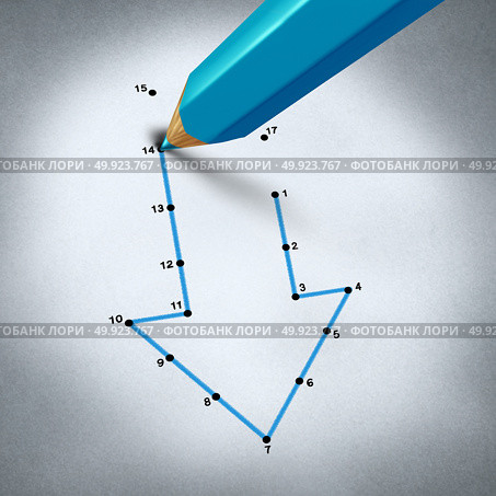 Failure strategy and business decline challenge as a pencil connecting the dots to reveal a decline arrow as a financial metaphor for economic crisis as a 3D render. Стоковое фото, агентство Ingram Publishing / Фотобанк Лори