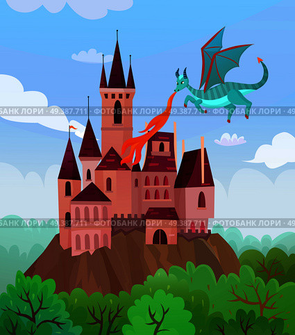 Fairy dragons composition with flat cartoon style images of flying fire-breathing dragon and castle landscape vector illustration. Flying Dragon Castle Composition. Стоковая иллюстрация, агентство Ingram Publishing / Фотобанк Лори