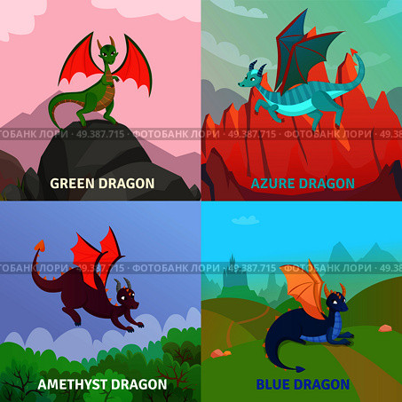 Fairy dragons concept set of four compositions with native outdoor landscape and cartoon style dragon images vector illustration. Fantasy Dragons Design Concept. Стоковая иллюстрация, агентство Ingram Publishing / Фотобанк Лори