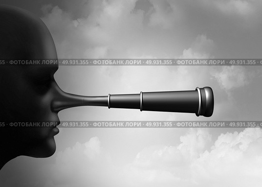 False research and scientific misconduct or conspiracy theory collecting information as a lier nose shaped as a telescope as a surreal idea with 3D illustration elements. Стоковое фото, агентство Ingram Publishing / Фотобанк Лори