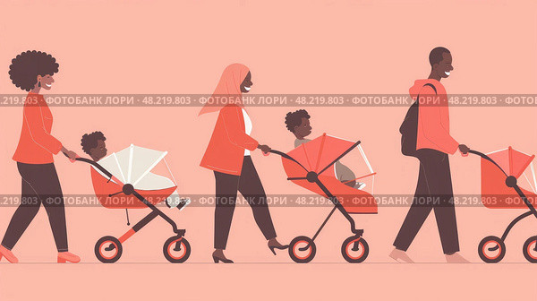 Families stroll leisurely together, pushing strollers while enjoying a warm day outdoors. Стоковое AI-изображение, AI-художник Данила Большаков / Фотобанк Лори