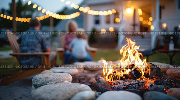 Family enjoying cozy evening around fire pit with warm lights and relaxed outdoor atmosphere in backyard, symbolizing comfort, connection, and seasonal gatherings. Стоковое AI-изображение, AI-художник Катерина Бондарец / Фотобанк Лори