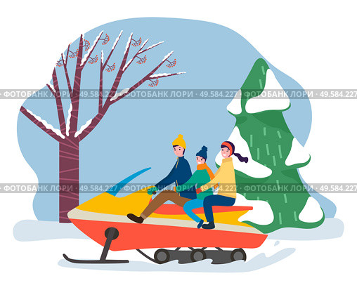 Family having fun outdoors, winter vacation for mother father and kid. People riding snowmobile through snow passing pine tree in forest. Snowmobiling couple and kid. Active lifestyle vector. Family on Winter Vacation Riding on Snowmobile. Стоковая иллюстрация, агентство Ingram Publishing / Фотобанк Лори