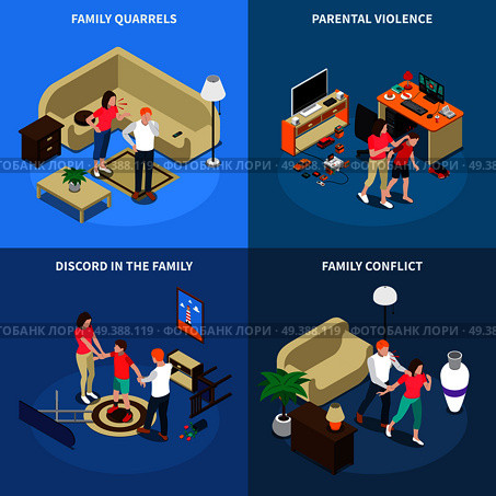 Family issues isometric design concept with quarrels, parental violence, disagreement, conflict, isolated on blue background vector illustration. Family Issues Isometric Design Concept. Стоковая иллюстрация, агентство Ingram Publishing / Фотобанк Лори