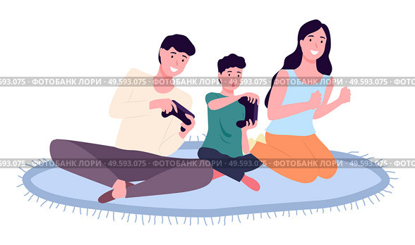 Family playing video games. Mom dad and son gaming with gamepad controller, holding joystick in hands flat design. People siting on the floor in front of the monitor and playing a computer game. Family playing video game. Mom dad and son gaming with gamepad controller, holding joystick in hands. Стоковая иллюстрация, агентство Ingram Publishing / Фотобанк Лори