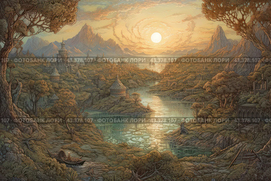 Fantastic landscape, made in fantasy style. In the foreground is a small boat moored near the bank of a river surrounded by dense vegetation and trees. Along the river lies a city with numerous towers and buildings made in a complex architectural style reminiscent of medieval castles and oriental palaces. In the distance you can see high mountains, over which the sun sets, painting the sky in warm golden-orange tones. The water in the river reflects the rays of the setting sun, creating a feeling of magic and mysticism. The entire stage is filled with an atmosphere of peace and harmony, inviting the viewer to plunge into the world of fairy tales and adventures. Стоковое AI-изображение, AI-художник Анна Кривицкая / Фотобанк Лори