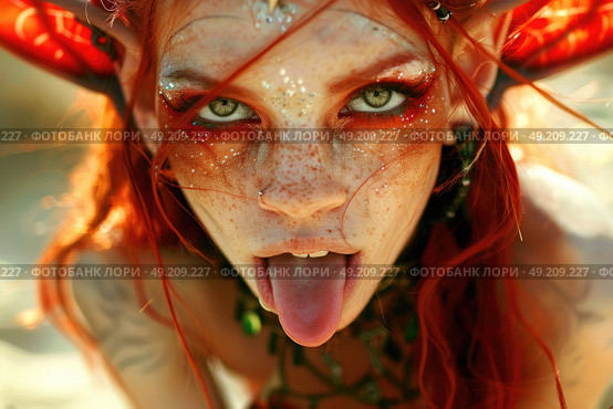 Fantastical character with vivid red hair and striking makeup extends their tongue playfully, showing whimsical expression while outdoors in bright daylight. Стоковое AI-изображение, AI-художник Данила Большаков / Фотобанк Лори