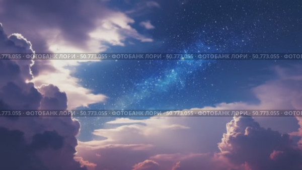 Фантастический вид на ночное звёздное небо, сияющее сквозь плотные облака. Эффектное сочетание тьмы и света в атмосфере. Звёздное ночное небо сквозь грозовые облака. Стоковое AI-видео, аниматор Башкирова Анна / Фотобанк Лори