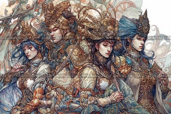 Fantasy illustration of four warrior women in exquisite armor with rich detailing. Each of them is dressed in unique costumes decorated with ornaments, gems and crowns, reflecting a mixture of Asian and European styles. The image is permeated with an atmosphere of epic and heroism. Ideal for themes related to fantasy, role-playing games, mythology, female power and visual storytelling. Стоковое AI-изображение, AI-художник Анна Кривицкая / Фотобанк Лори