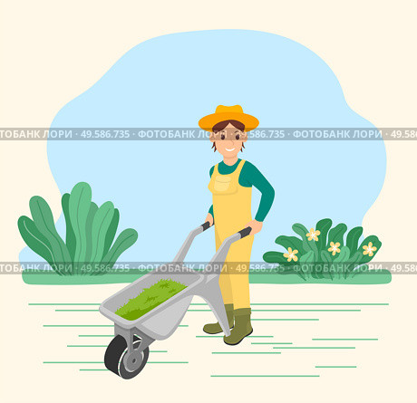 Farmer load and carry wheelbarrow with grass for preparing hay. Rustic equipment, cart for garden and field. Countryside or ranch nature with greenery. Vector illustration of farming in flat style. Farmer Carry Wheelbarrow with Grass, Work on Field. Стоковая иллюстрация, агентство Ingram Publishing / Фотобанк Лори