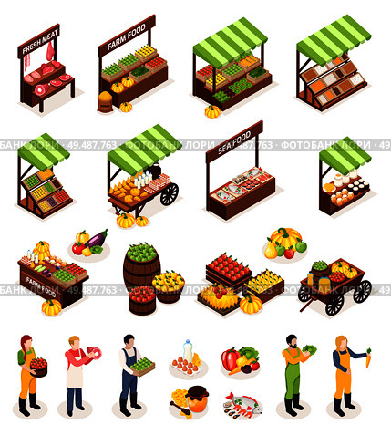 Farmer market isometric icons set of counters boxes casks with fresh meat fruits vegetables dairy and sea produce vector illustration. Стоковая иллюстрация, агентство Ingram Publishing / Фотобанк Лори
