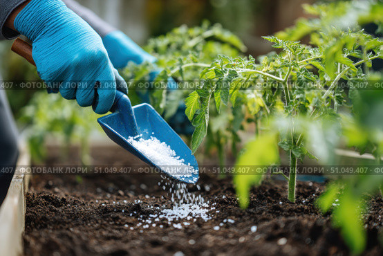 Farmer pours grain fertilizers on the soil. Person applying mineral fertilizer blue granules to green tomato plant. Eco vegetable garden. Agriculture industry, development, economy investment growth. Стоковое AI-изображение, AI-художник Марина Демидюк / Фотобанк Лори