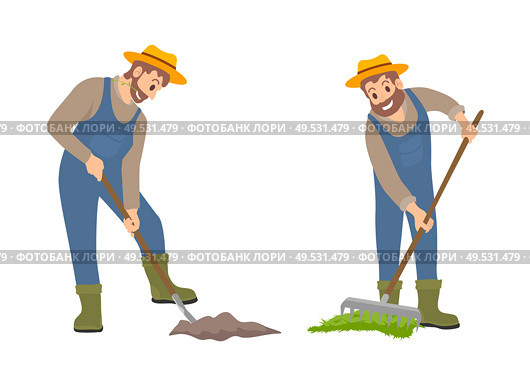Farming people on land set vector. Isolated icons set, person with shovel cultivating land and man with rake spreading compost on soil. Farming works. Farming People on Land Set Vector Illustration. Стоковая иллюстрация, агентство Ingram Publishing / Фотобанк Лори