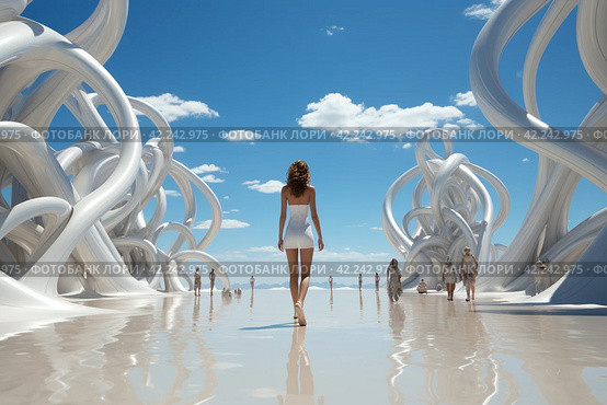 Fashion catwalk on the seashore with a model in white showing off an outfit,Generative AI. Стоковое AI-изображение, AI-художник Анна Кривицкая / Фотобанк Лори