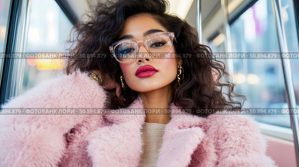 Fashion forward: A radiant woman in transit, sporting a pink plush coat and clear specs, embodying chic urban elegance for a stylish journey. Стоковое AI-изображение, AI-художник Данила Большаков / Фотобанк Лори