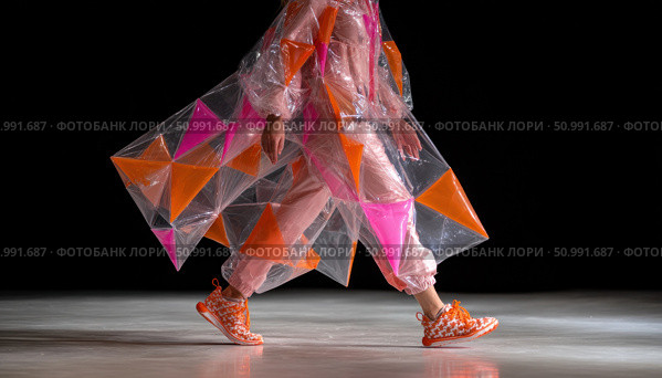 Fashion model walking runway showcasing avant garde geometric design clothing. Стоковое фото, фотограф Юрий Поздников / Фотобанк Лори