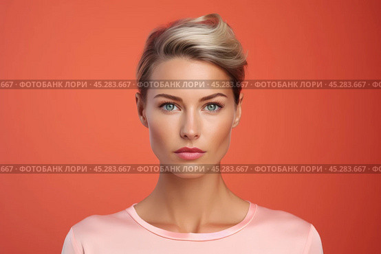 Fashion portrait of beautiful caucasian young woman isolated on colorful studio background. Complicated girl looks puzzled, frowning, sulking while thinking, makes decision, feel suspicious disbelief. Стоковое AI-изображение, AI-художник Sergey Grishin / Фотобанк Лори