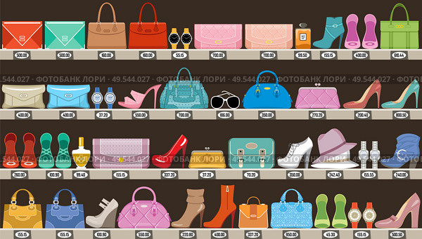 Fashion store. Boutique of accessories, bags and footwear. Vector illustration. Стоковая иллюстрация, агентство Ingram Publishing / Фотобанк Лори