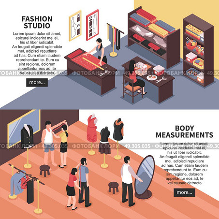 Fashion Studio And Body Measurements Horizontal Banners. Fashion studio and body measurements horizontal banners with dressmakers and customers isometric icons vector illustration . Стоковая иллюстрация, агентство Ingram Publishing / Фотобанк Лори