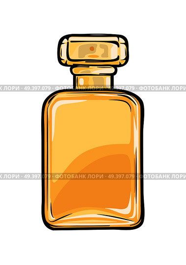 Fashionable perfume in glass yellow flask close-up on background. Luxury fragrance in beautiful bottle. Vector illustration of fashion. Perfumery icon for infographics, websites and app.. Fashionable Perfume in Glass Yellow Flask Close-up. Стоковая иллюстрация, агентство Ingram Publishing / Фотобанк Лори