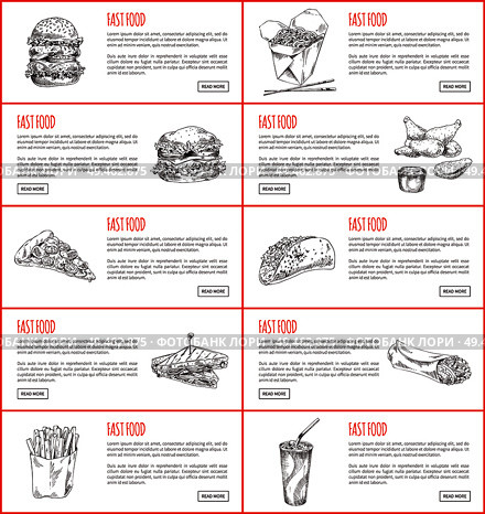 Fast food graphic banner set vector illustration, hamburgers and chinese pasta, nuggets and tasty pizza, fries with sandwich and taco near burrito. Fast Food Graphic Banner Set Vector Illustration. Стоковая иллюстрация, агентство Ingram Publishing / Фотобанк Лори