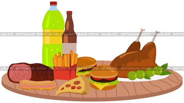 Fast food meal set on table. Classic cheese burger with grilled meat, french fries, grilled chicken and sausage, hot dog, pizza and soft drink cup. Fatty unhealthy high-calorie foods isolated on white. Fast food meal set on table. Classic cheese burger with grilled meat, french fries, grilled chicken. Стоковая иллюстрация, агентство Ingram Publishing / Фотобанк Лори