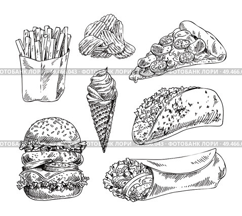 Fast food set hand drawn vector monochrome illustration. Ice-cream and chips, pizza and french fries, double burger, tacos and doner kebab sketches. Fast food set hand drawn vector monochrome sketch. Стоковая иллюстрация, агентство Ingram Publishing / Фотобанк Лори