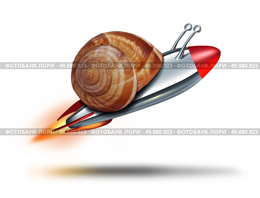 Fast snail speed concept with a mullosk shell being flown by a rocket  booster as a business metaphor for rapid service and competitive technology innovation on a white background. Стоковое фото, агентство Ingram Publishing / Фотобанк Лори