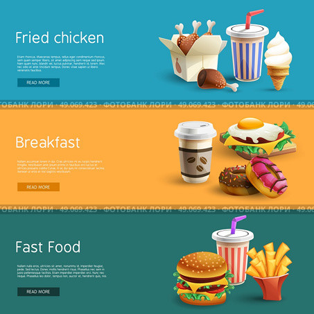 Fastfood Options Pictograms 3 Horizontal  Banners. Fast food choice options online information 3 horizontal banners set with colorful pictograms abstract isolated vector illustration. Стоковая иллюстрация, агентство Ingram Publishing / Фотобанк Лори