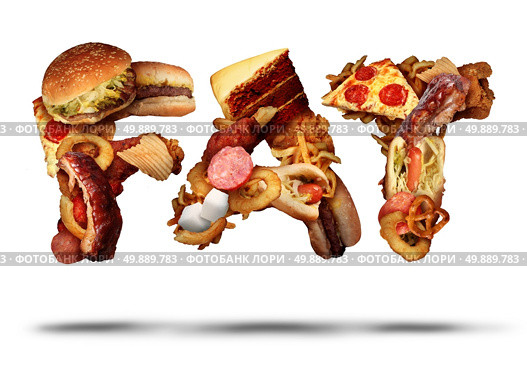 Fat concept and unhealthy restaurant food or processed meal icon as text made from a group of hamburgeres deep fried french fries cake and fastfood as a metaphor for eating and nutrition health risk. Стоковое фото, агентство Ingram Publishing / Фотобанк Лори