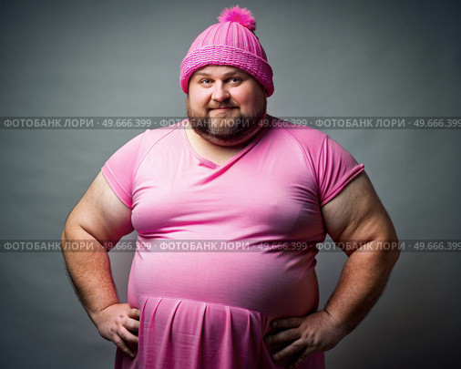 Fat Man in Pink Dress and Pink Hat. Generative AI. Стоковое AI-изображение, AI-художник Roman Zavorotny / Фотобанк Лори