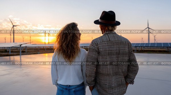 Father and daughter looking at solar panels. Solar farm and sunlight at sunset. Solar energy for green energy. Sustainable renewable energy. Photovoltaic power plant or solar park. Energy sustainability. Стоковое AI-изображение, AI-художник ALLA YURTAYEVA / Фотобанк Лори