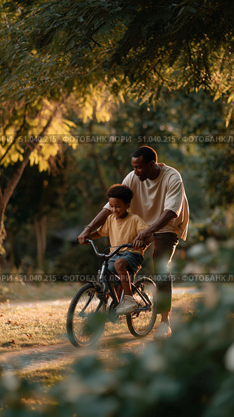 Father teaches son to ride bike in sunlit park during late afternoon, enjoying quality time together outdoors. Стоковое AI-изображение, AI-художник Сергей Толмачёв / Фотобанк Лори
