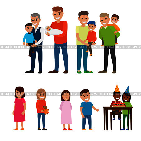 Fathers and grandfathers holding newborn, toddler and babies on hands and back vector poster. Little female and male children standing near table with boy and girl at table with Birthday cake. Fathers Holding Kids on Hands and Children Set. Стоковая иллюстрация, агентство Ingram Publishing / Фотобанк Лори