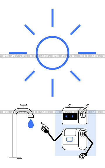 Faucet dripping blue water drop, robot offering advice, circle and lines as the suns rays. Ideal for sustainability, water conservation, technology, environmental awareness, renewable energy. Robot Encouraging Water Conservation for Sustainable Energy Awareness. Стоковая иллюстрация, агентство Ingram Publishing / Фотобанк Лори