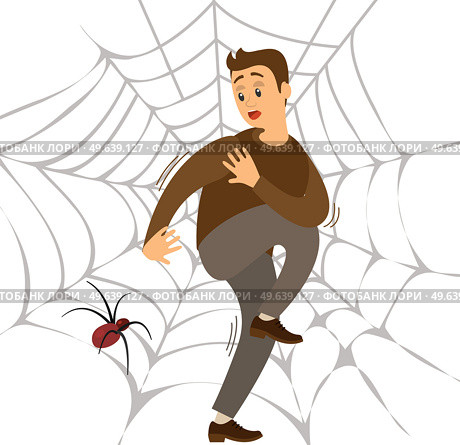 Fear of spider. Man frightened by spinner guy suffering from arachnophobia, human fear concept. Male character sitting on spider web on white background hugged his knees. afraid of insects and beetles. Fear of spider. Man frightened by spinner, guy suffering from arachnophobia, human fear concept. Стоковая иллюстрация, агентство Ingram Publishing / Фотобанк Лори